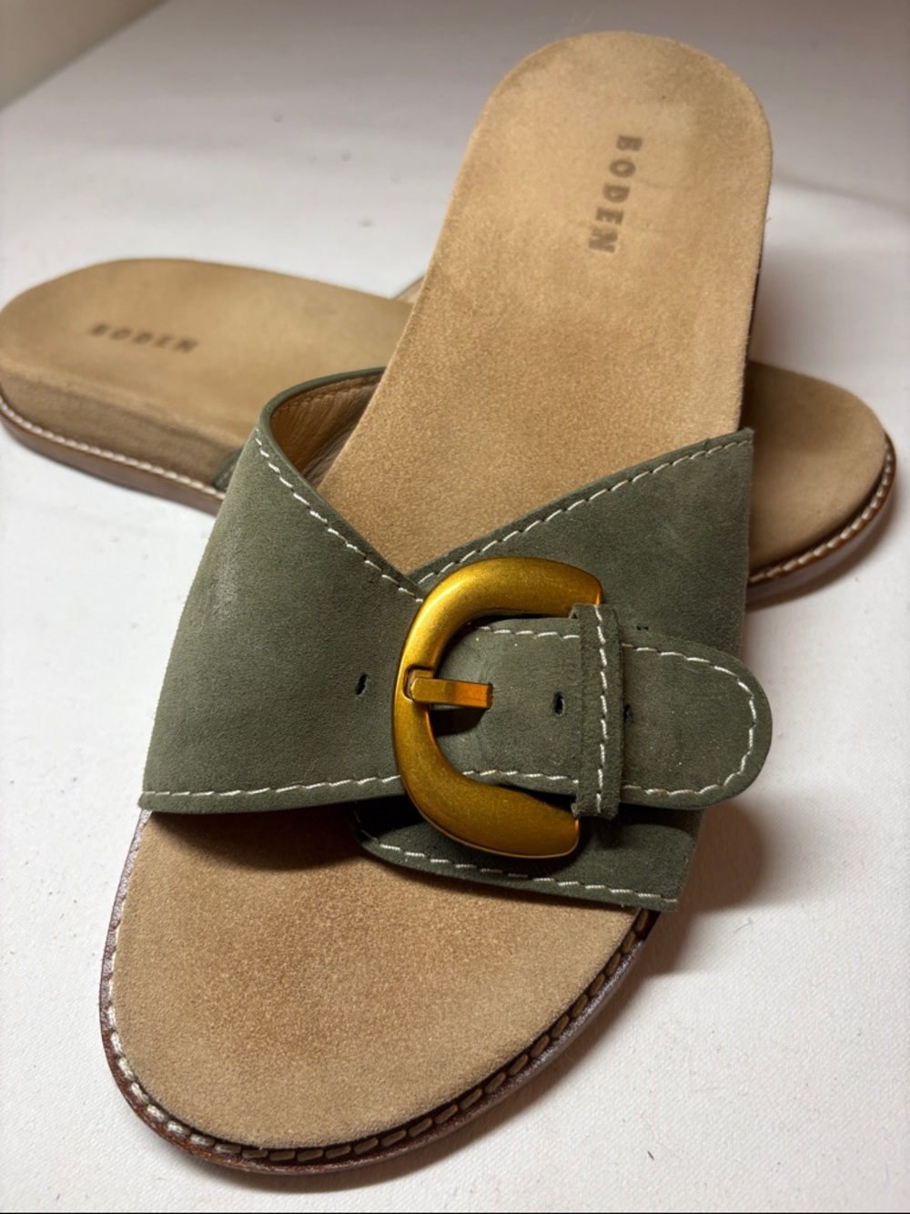 Boden Olive Suede Slide Sandals with Gold Buckle Accent Size 11